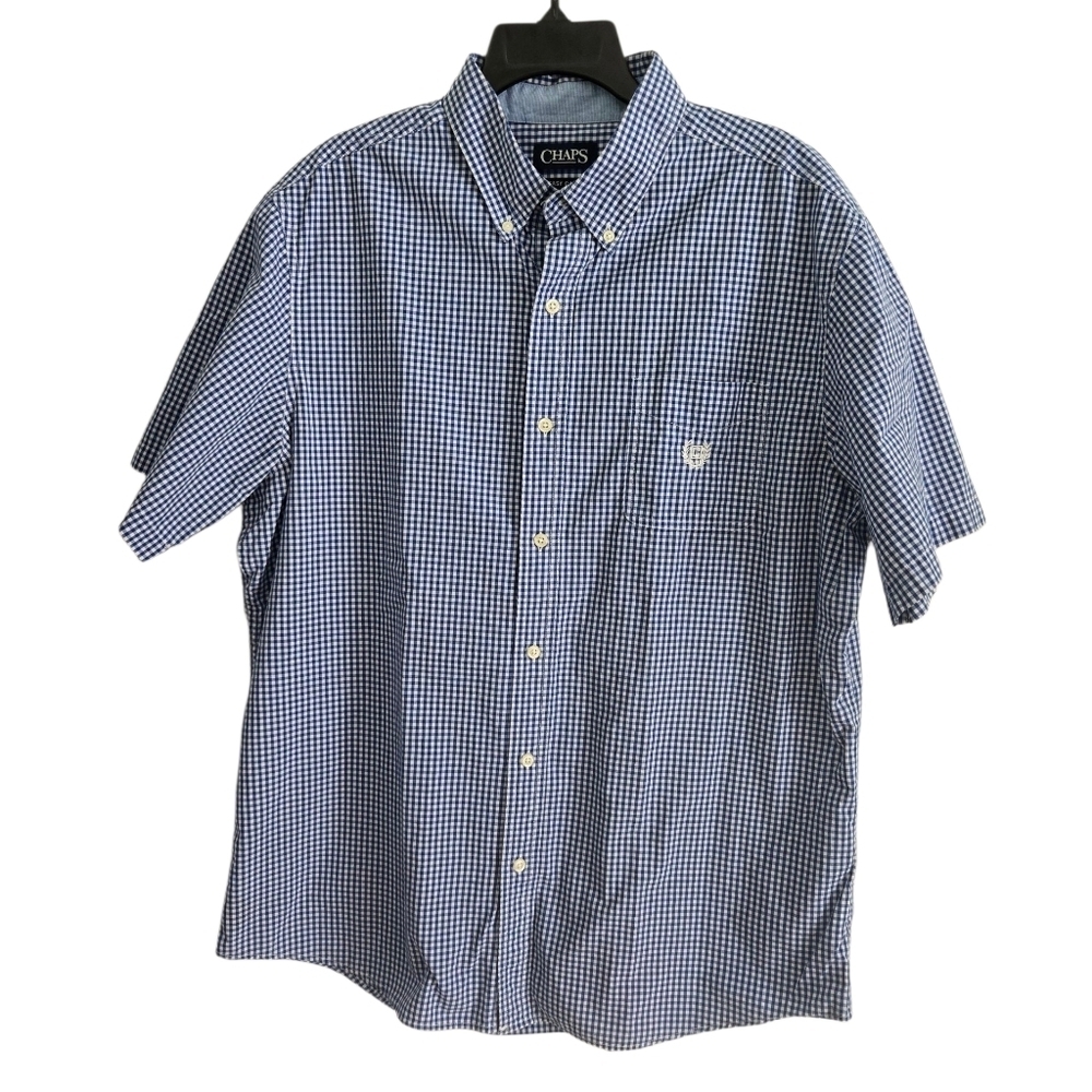Chaps Easy Care Navy Plaid Men's Short Sleeve Button Up Size XL